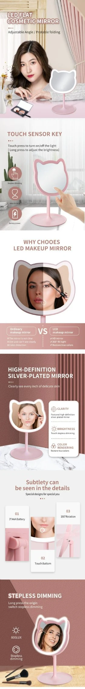 Sourcing Agent Cat Style Detachable LED Dimming Cute Makeup Mirror