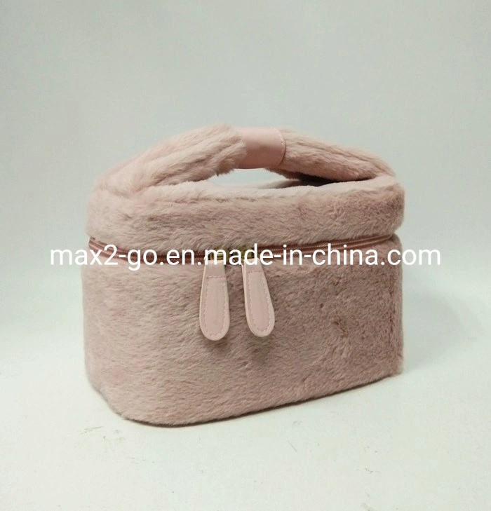 Coral Pink Cosmetic Bag Bunny Fur Toiletry Bucket Cute Bow Knot Handle Christmas Gift Bag Sweet Girls Pink Plush Makeup Bag Vanity Case for Cosmetics Brushes