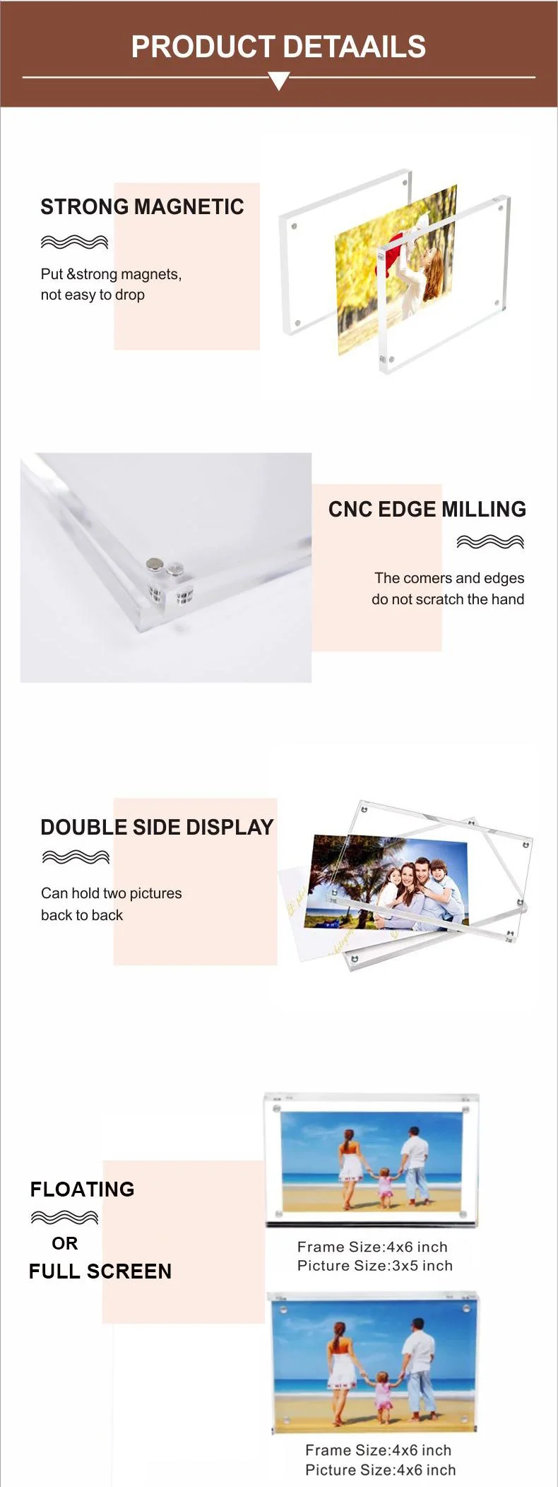 Custom Size 4× 6 8× 10 5× 7 Block Clear Double Sided A3 A4 A5 Desktop Magnetic Acrylic Photo Frame