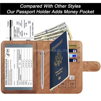 Fabbrica di produzione Custodia per passaporto stile retrò OEM Pelle PU di alta qualità con protezione RFID Funzionale con porta carte Scomparto per soldi Porta carte da viaggio (F1550)